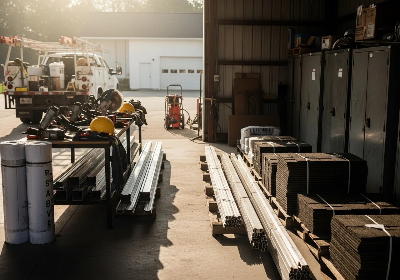 Construction crew tools and equipment staged on a work site, representing professional exterior contracting services.