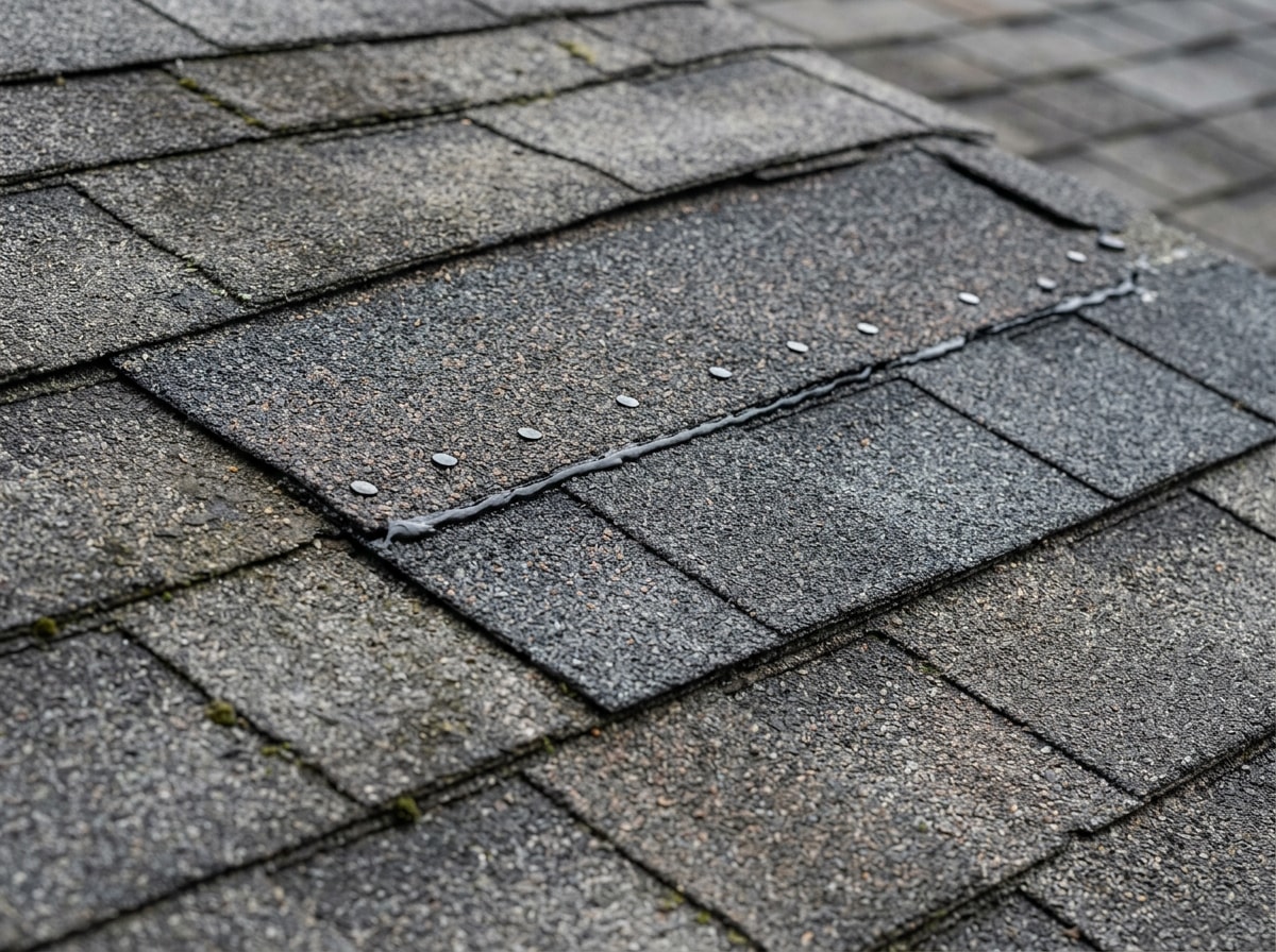 Close-up of a repaired asphalt shingle section on a residential roof in King George, VA