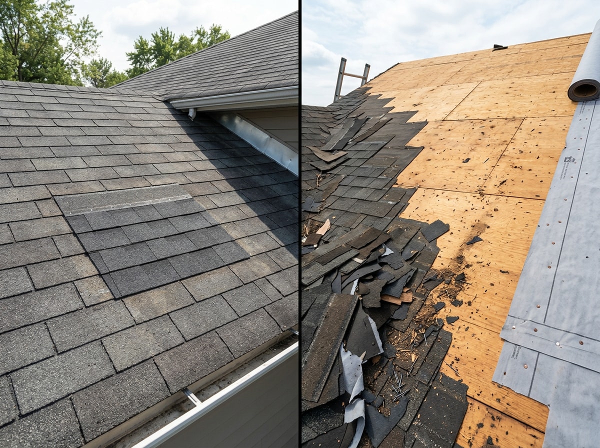 Side-by-side comparison graphic showing asphalt roof repair costs versus full replacement costs in King George, VA