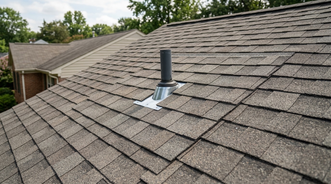 Freshly repaired asphalt shingle roof section on a King George, VA home