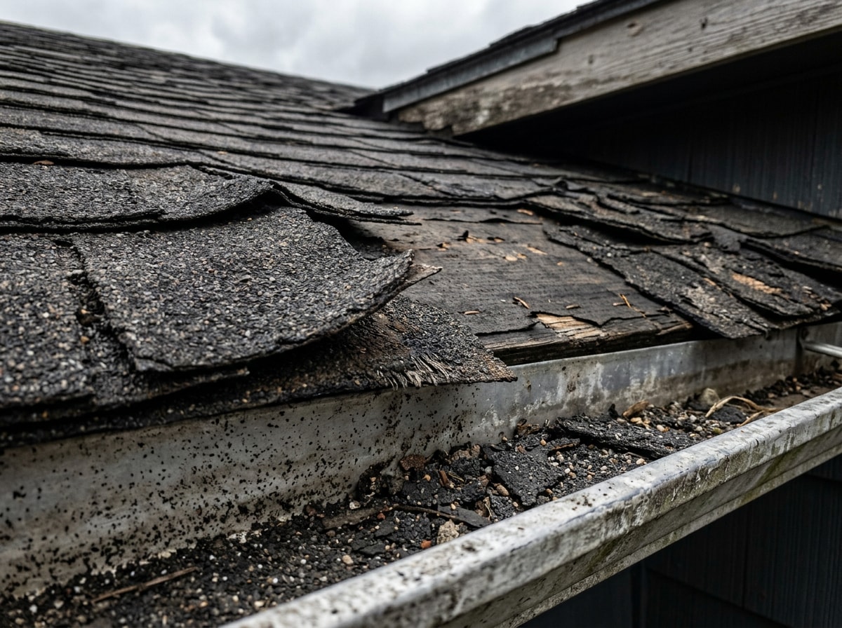 Close-up of curling, missing shingles and granule buildup collected in a roof gutter