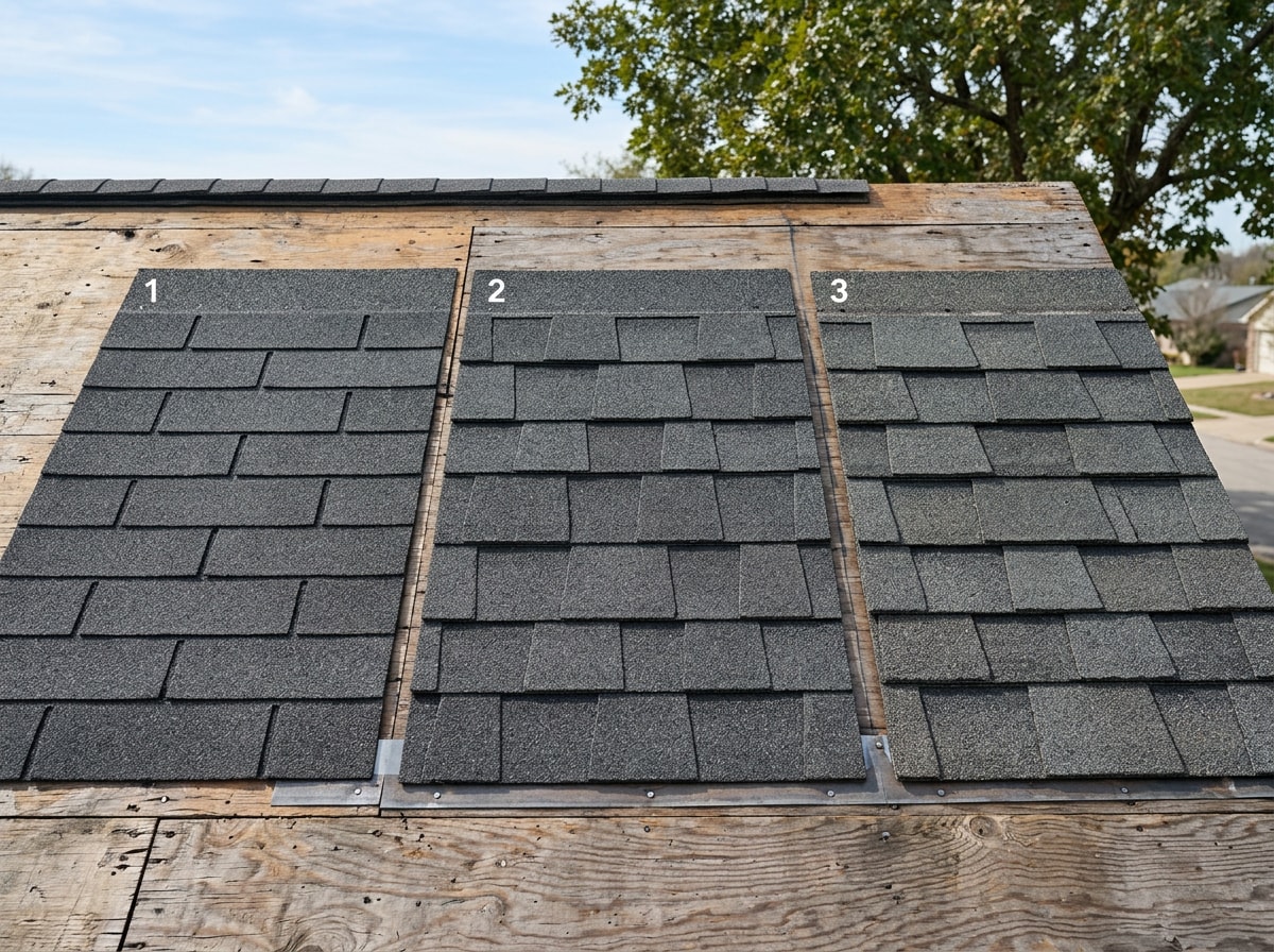 Side-by-side comparison of 3-tab, architectural, and luxury asphalt shingle textures on a roof