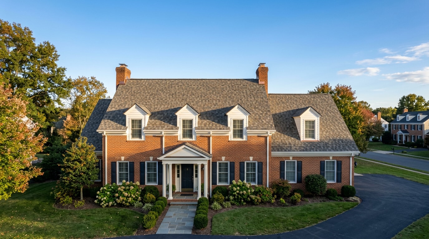 Finished architectural asphalt shingle roof on a Virginia home