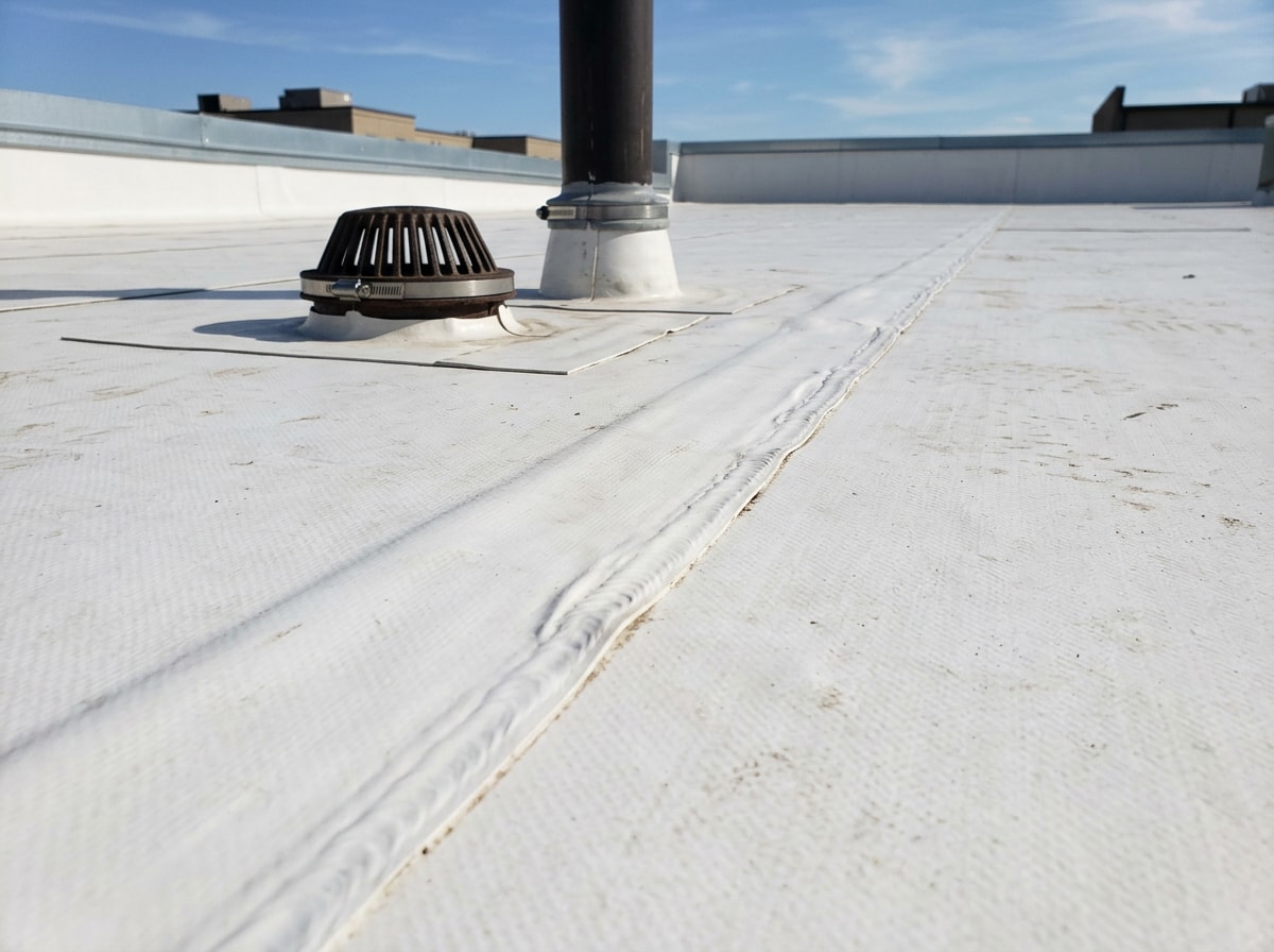 White TPO roofing membrane with heat-welded seams on a low-slope commercial roof