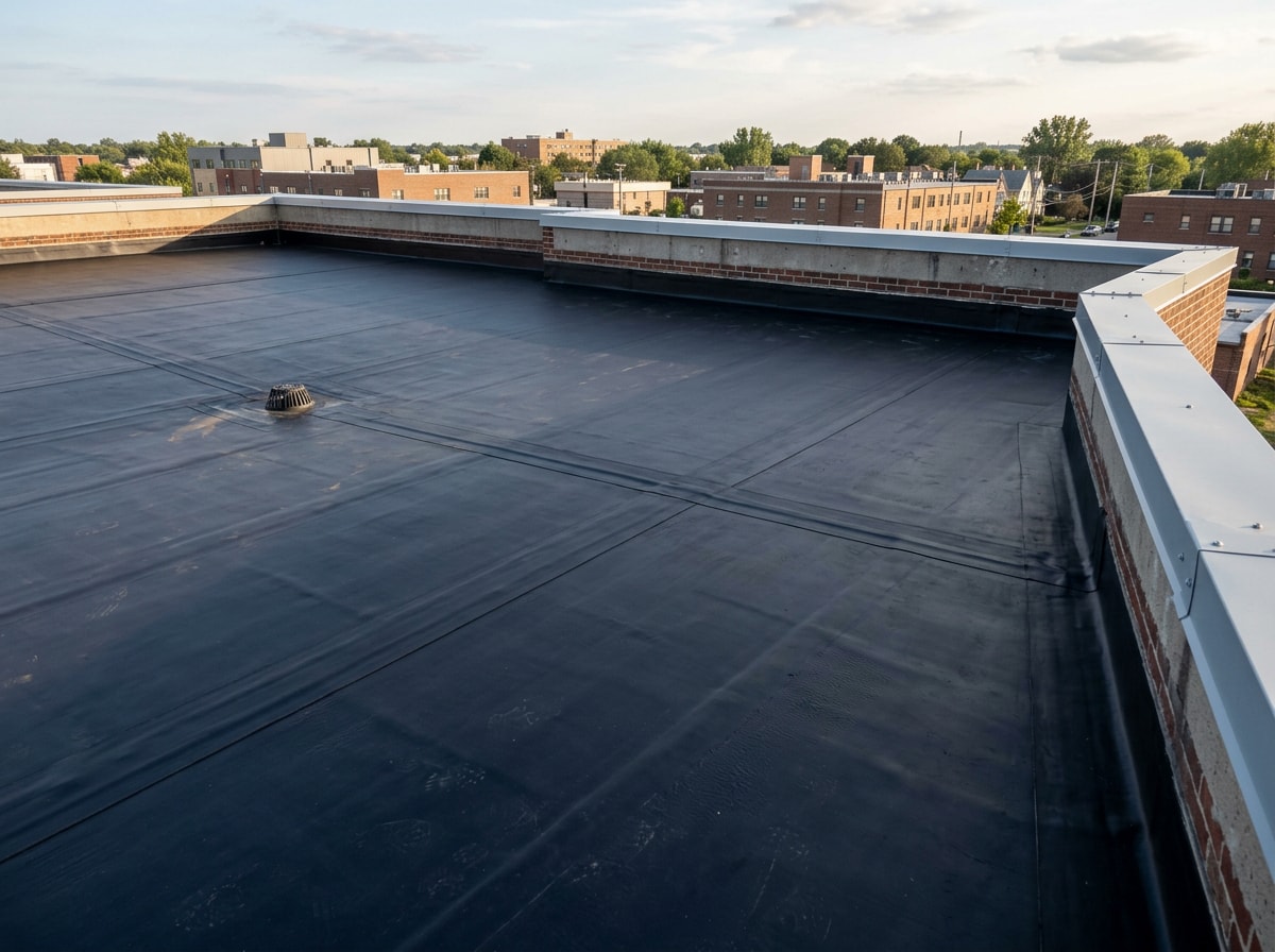 Black EPDM rubber roof membrane fully adhered on a flat commercial building