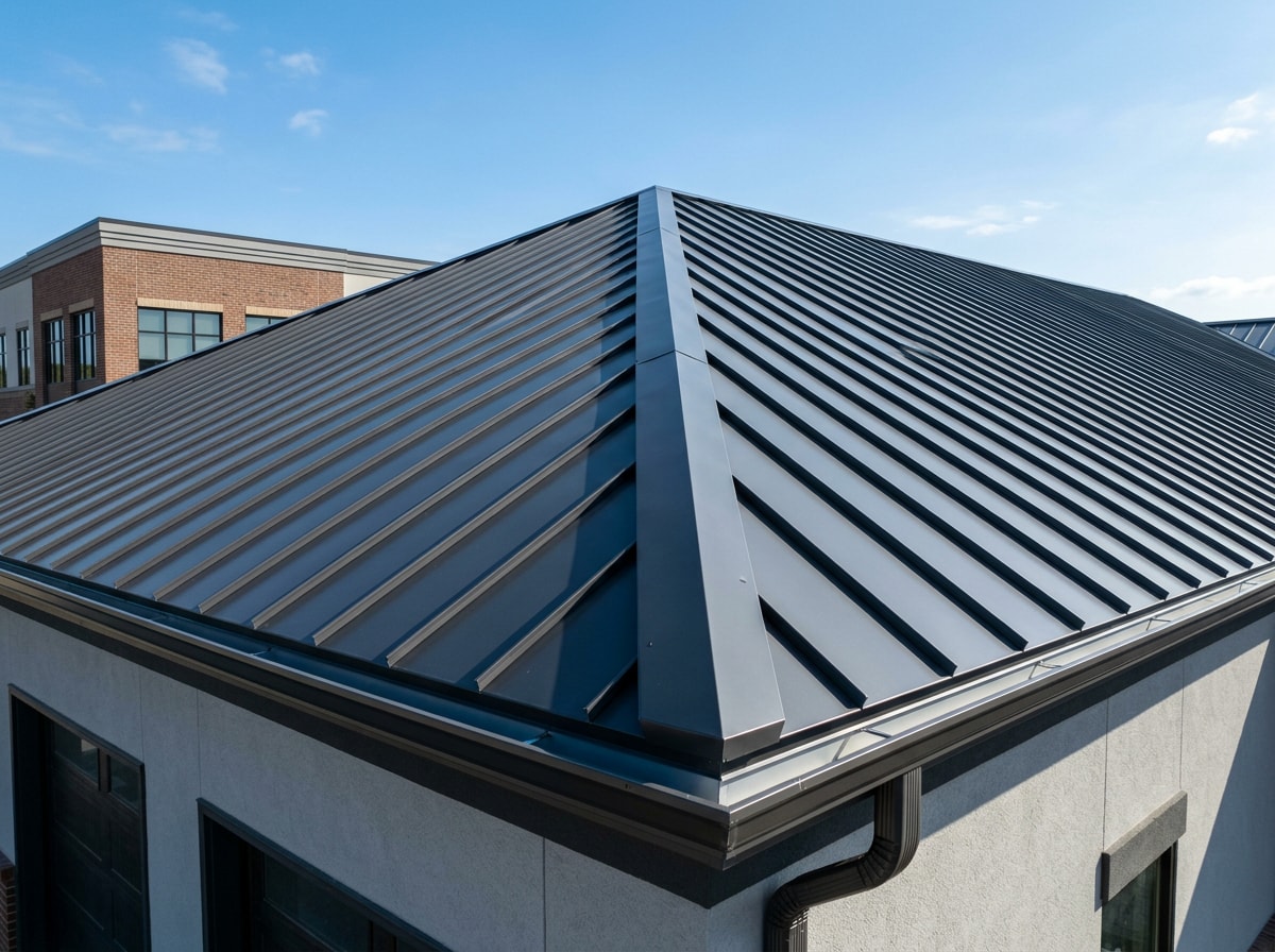 Standing seam metal roof with concealed fasteners on a commercial building