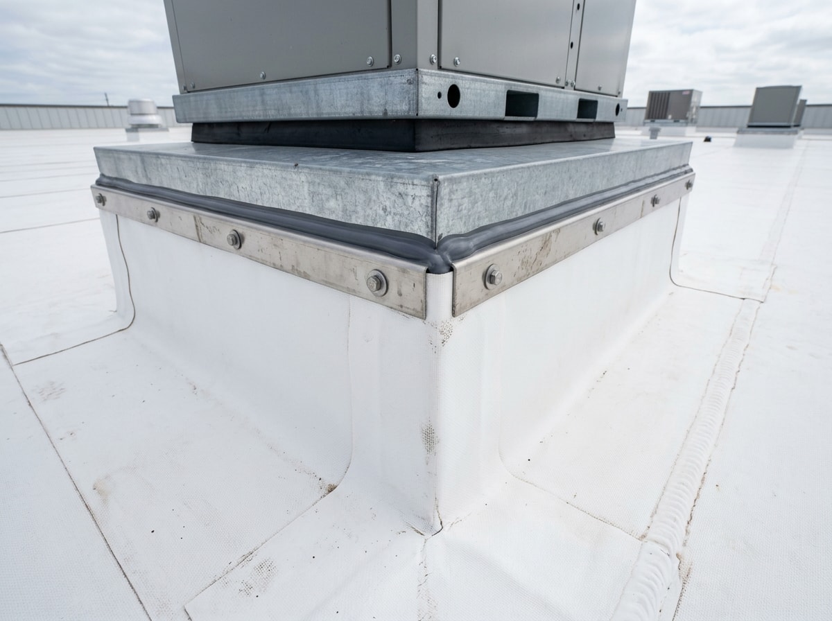 Close-up of a sealed roof curb and flashing detail on a commercial membrane roof
