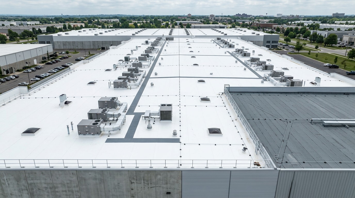 Aerial view of a white TPO commercial roof with HVAC curbs and clean welded seams