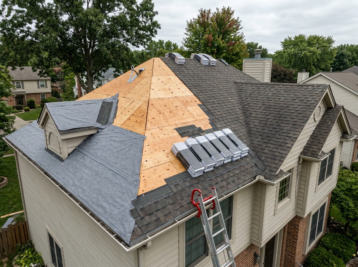 Asphalt shingle roof replacement in progress on a suburban home with new underlayment exposed
