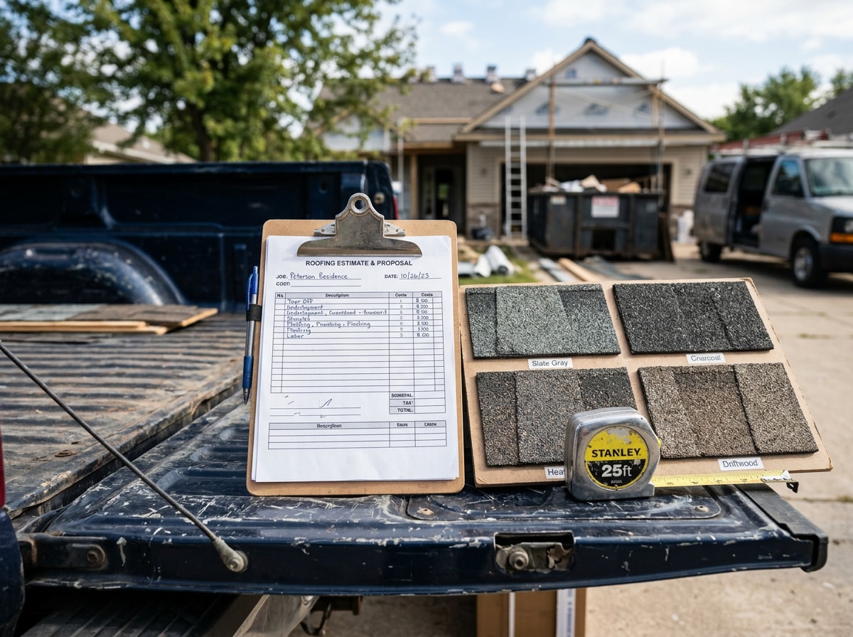Roofing estimate paperwork and shingle samples laid out on a truck tailgate at a job site