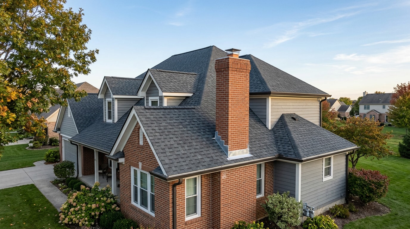 Newly replaced asphalt shingle roof on a suburban Virginia home
