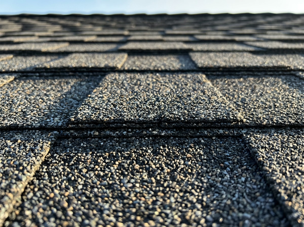 Close-up of new architectural asphalt shingles with dimensional shadow lines on a residential roof