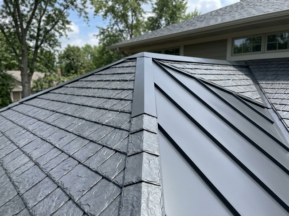Stamped metal shingles installed on a residential roof beside a section of standing-seam metal panels