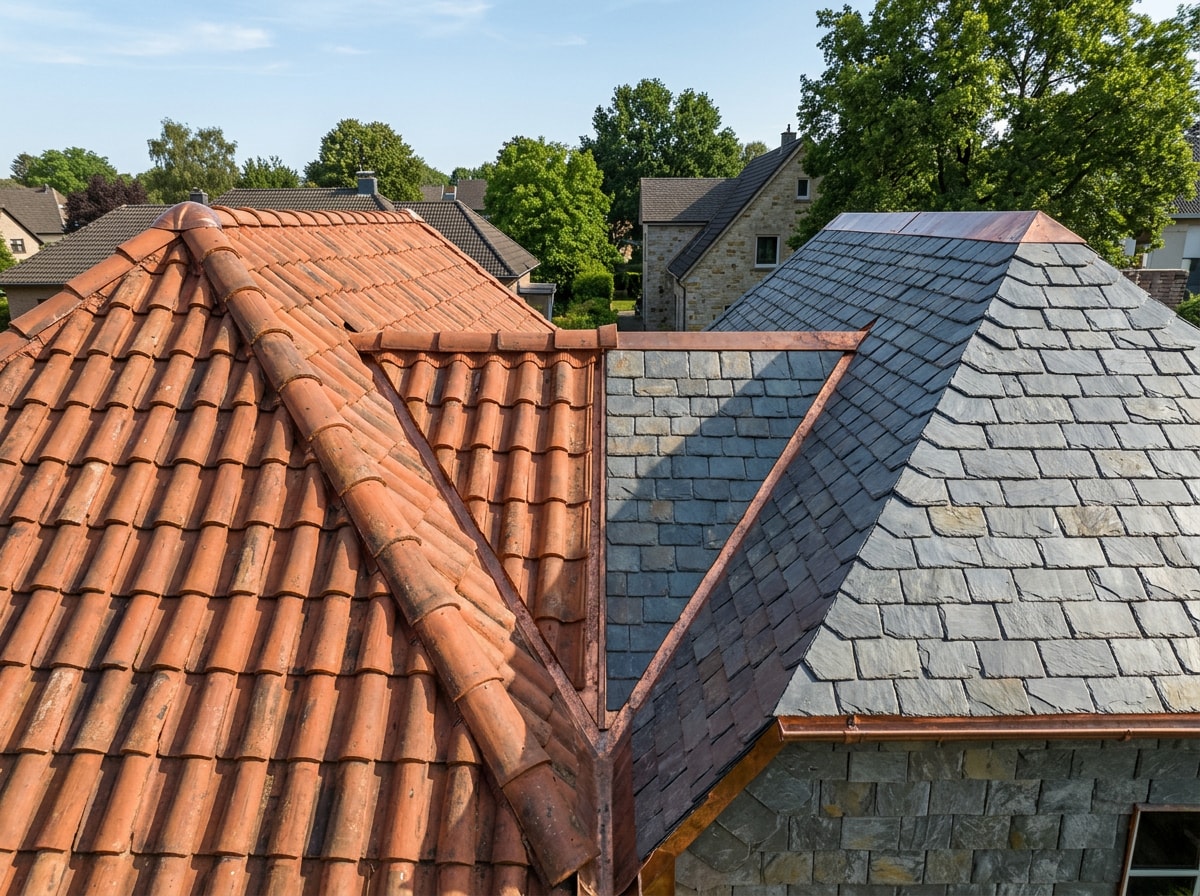 Clay tile roof section next to a natural slate roof on a steep residential pitch