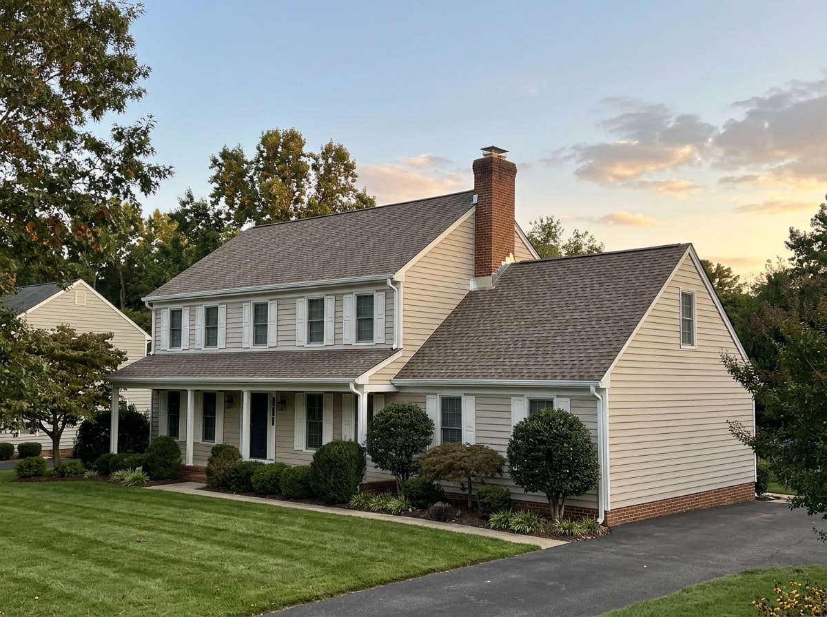 Finished architectural asphalt shingle roof on a two-story colonial home with new gutters and clean flashing
