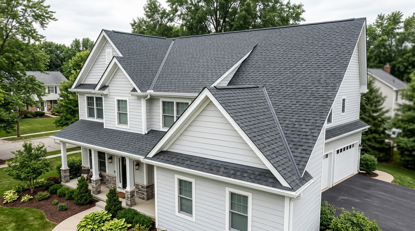 Newly installed architectural asphalt shingle roof on a suburban home