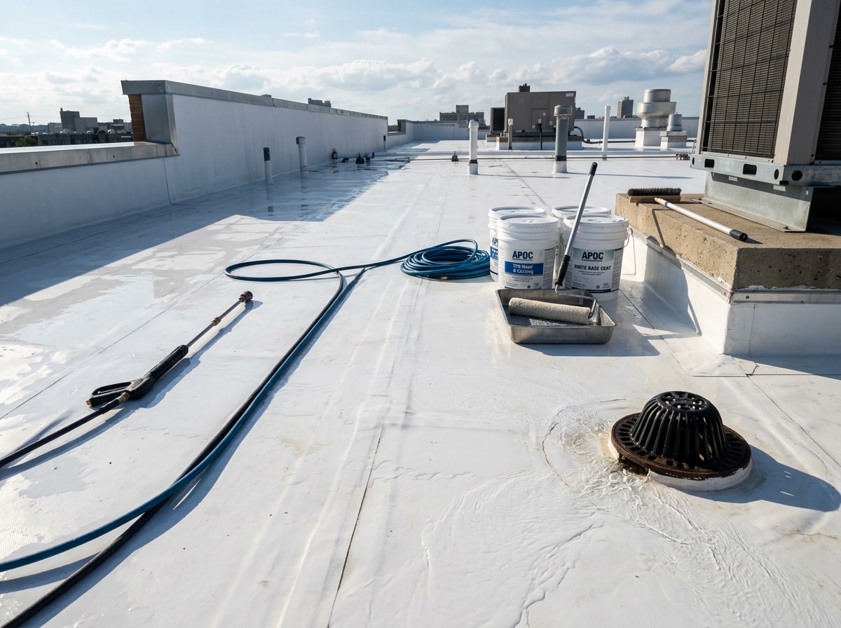 Freshly power washed white TPO roof membrane prepped for coating with clean seams and dry surface