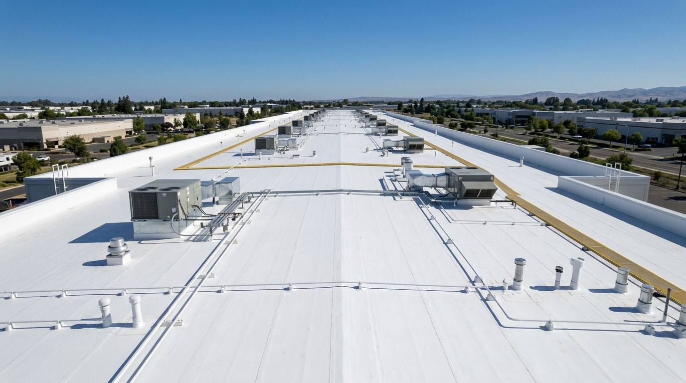 Bright white TPO membrane roof with heat-welded seams on a low-slope commercial building Bright white TPO membrane roof with heat-welded seams on a low-slope commercial building