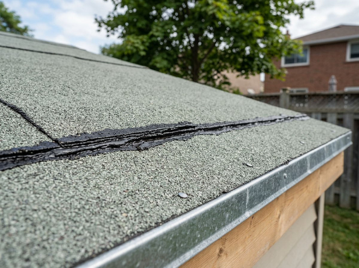 Mineral-surfaced rolled roofing installed on a low-slope detached garage