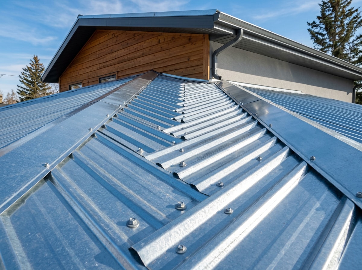 Corrugated galvanized steel roof panels installed on a residential home