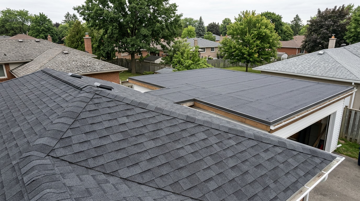 Architectural shingle house roof beside a low-slope garage covered in rolled roofing Architectural shingle house roof beside a low-slope garage covered in rolled roofing