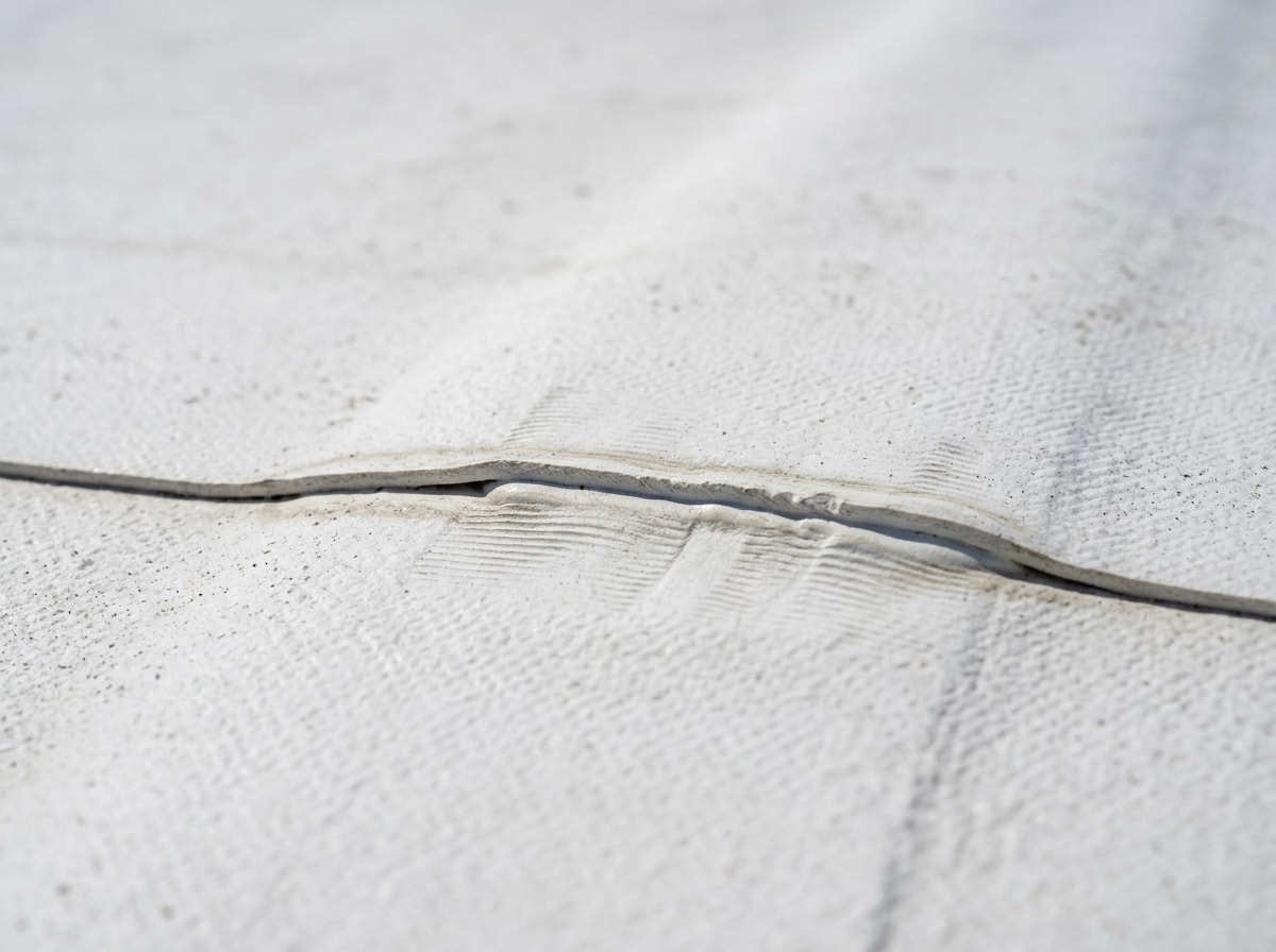 Close-up of a white TPO membrane roof installation with heat-welded seams