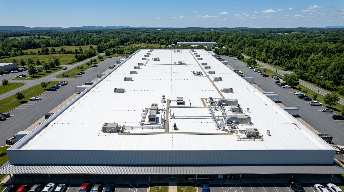 Aerial view of a commercial flat roof with white TPO membrane in Stafford, VA Aerial view of a commercial flat roof with white TPO membrane in Stafford, VA