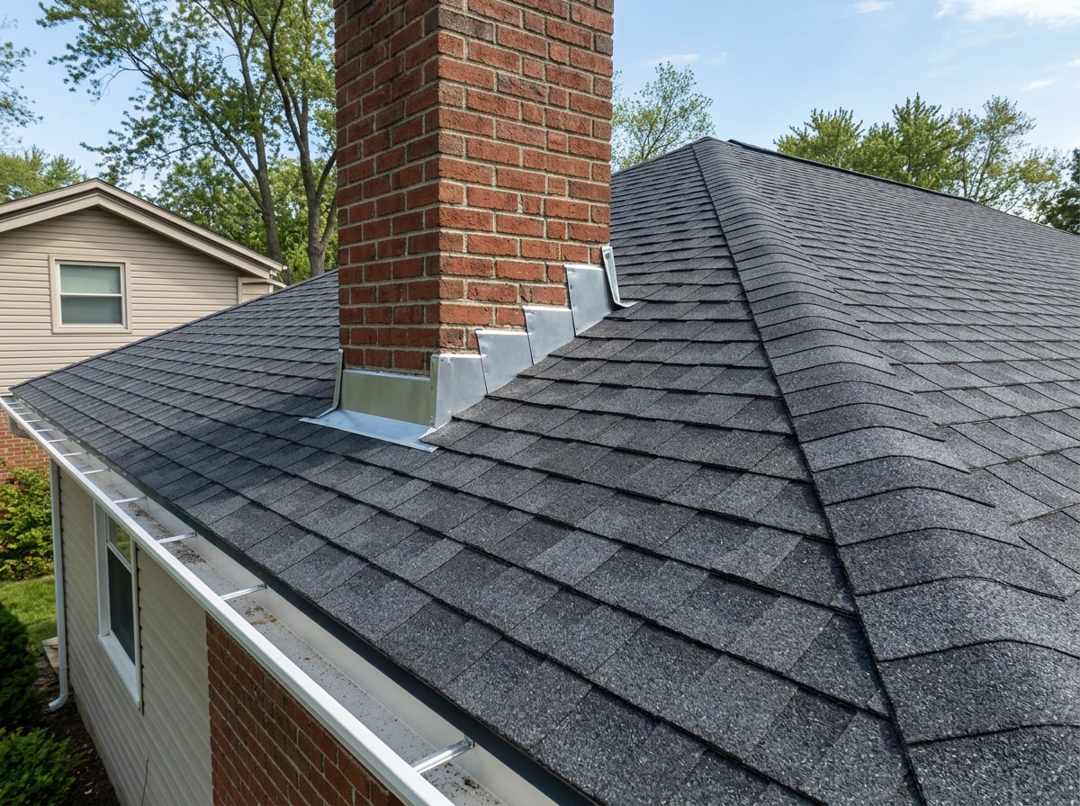 Finished architectural asphalt shingle roof replacement on a two-story suburban home