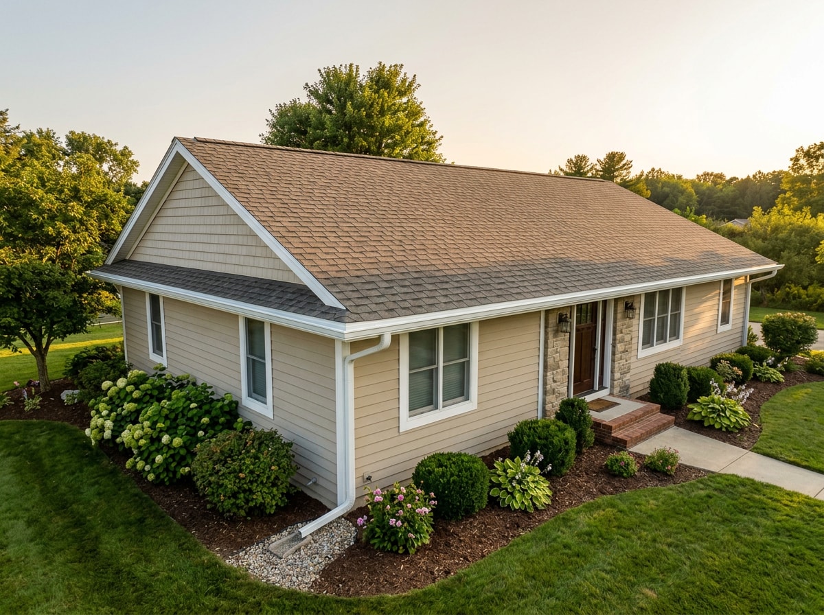 New asphalt shingle roof with fresh drip edge, ridge vent and seamless gutters on a ranch-style home