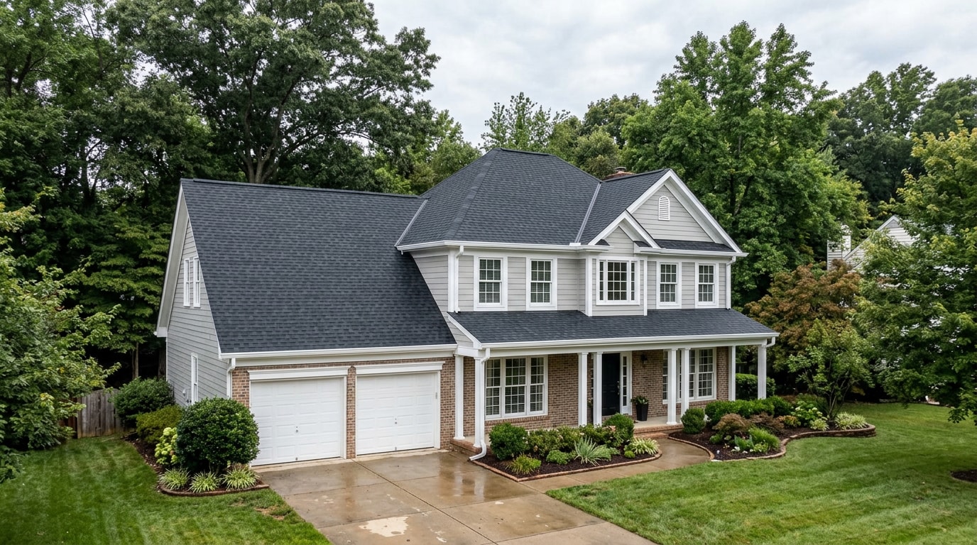 Newly replaced asphalt shingle roof on a two-story suburban home Newly replaced asphalt shingle roof on a two-story suburban home