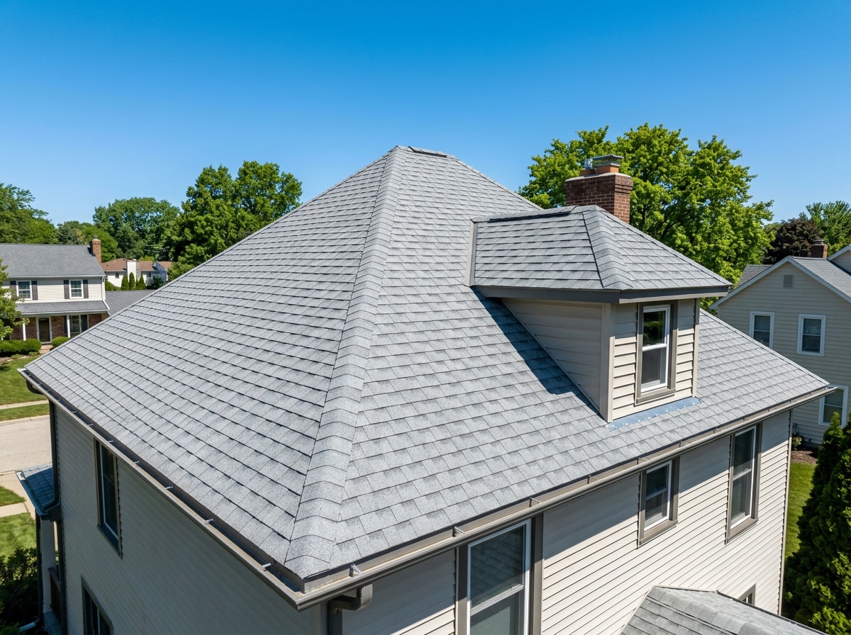 New architectural asphalt shingle roof on a two-story suburban home