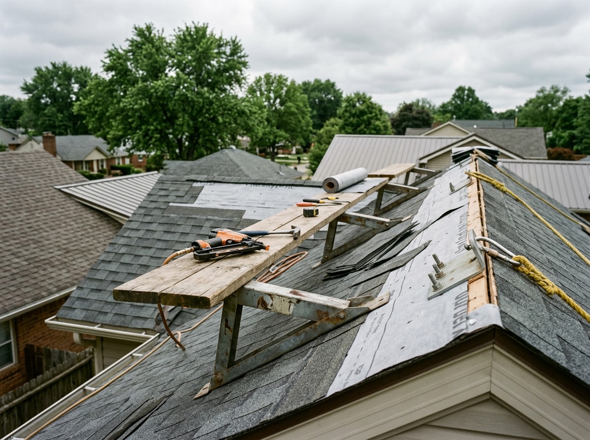Steep-slope shingle roof with roof jacks, staging planks, and anchor points installed
