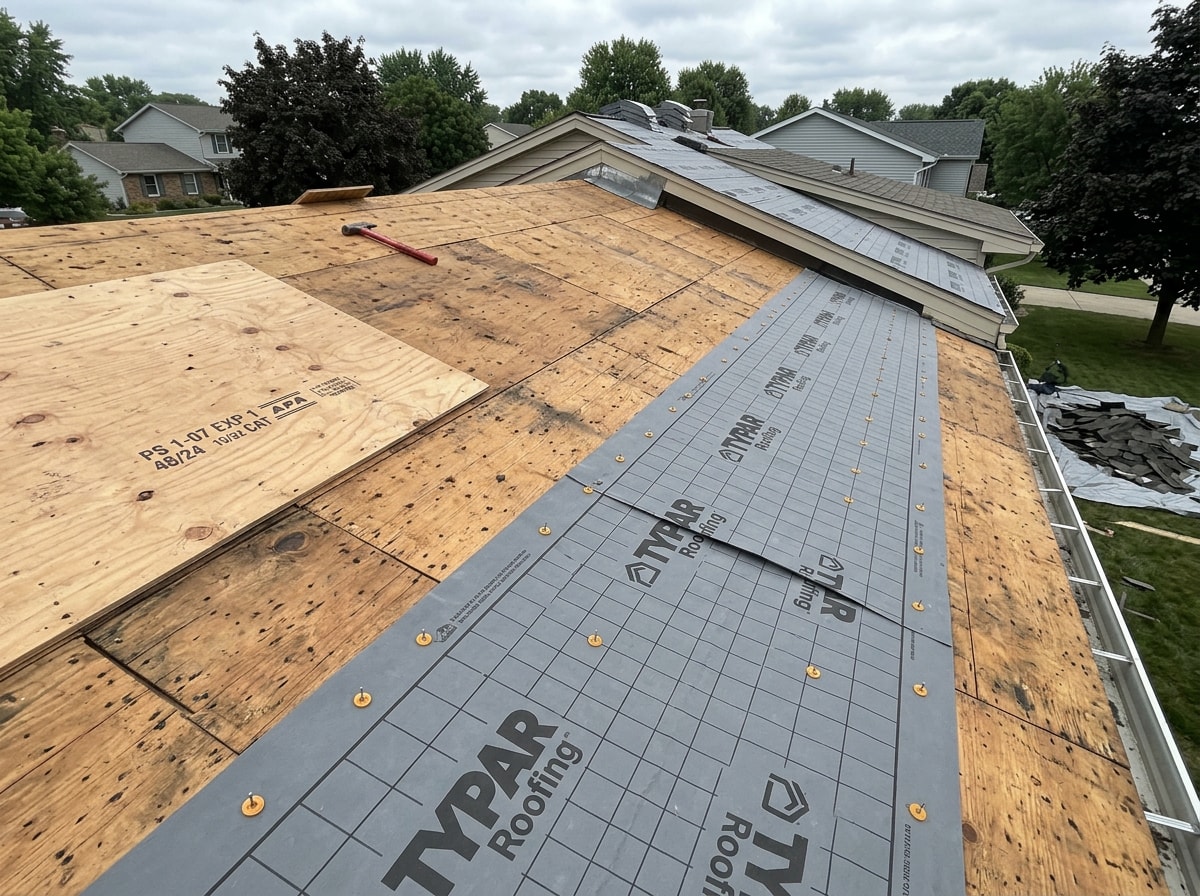 Roof deck stripped to plywood sheathing with synthetic underlayment partially installed