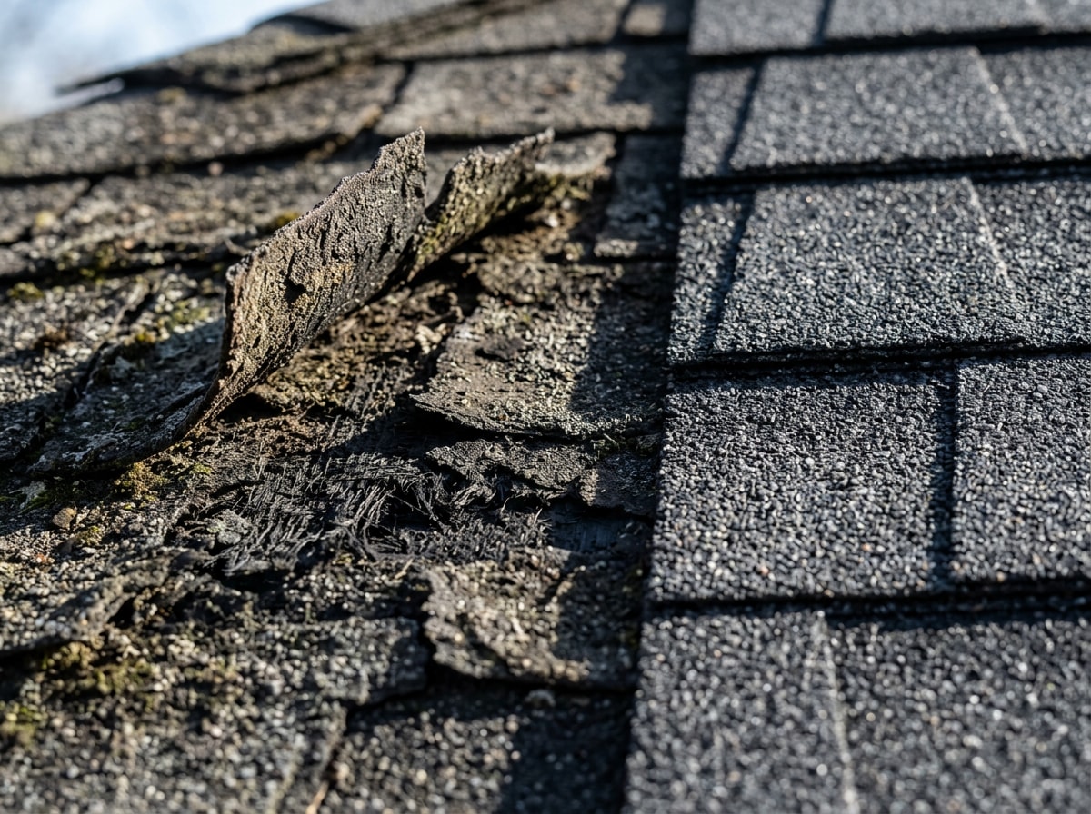 Close-up of curling, granule-worn asphalt shingles beside intact new shingles on the same roof
