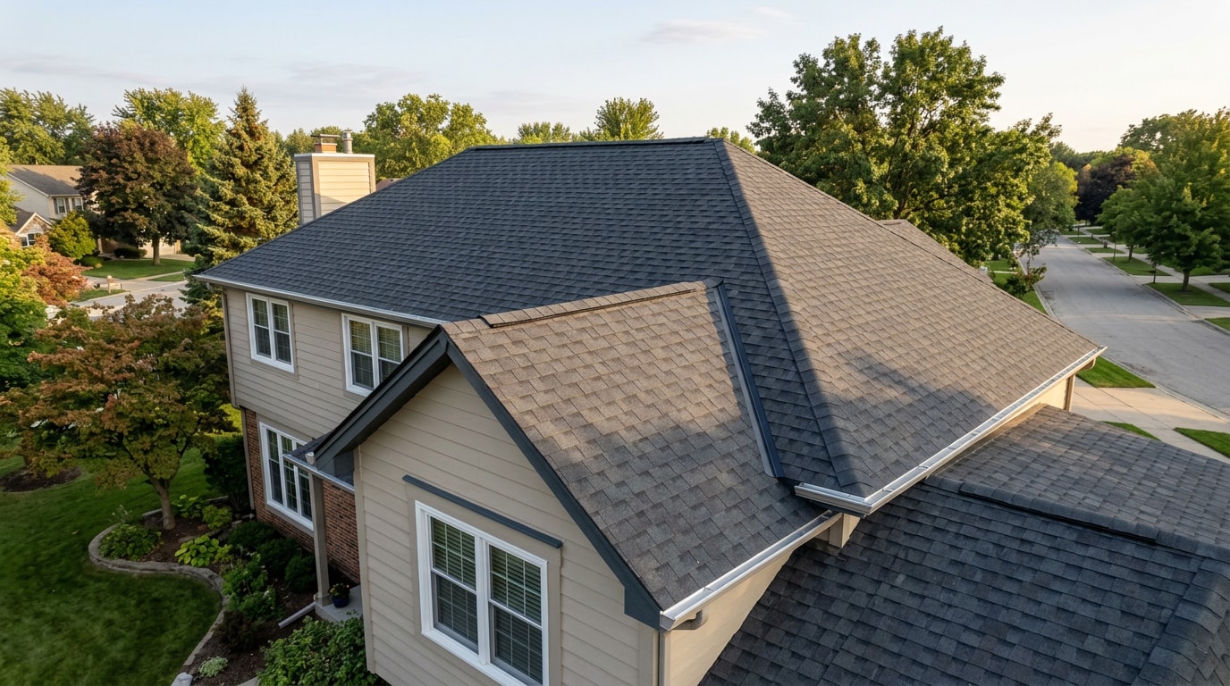 Newly replaced architectural asphalt shingle roof on a two-story home Newly replaced architectural asphalt shingle roof on a two-story home