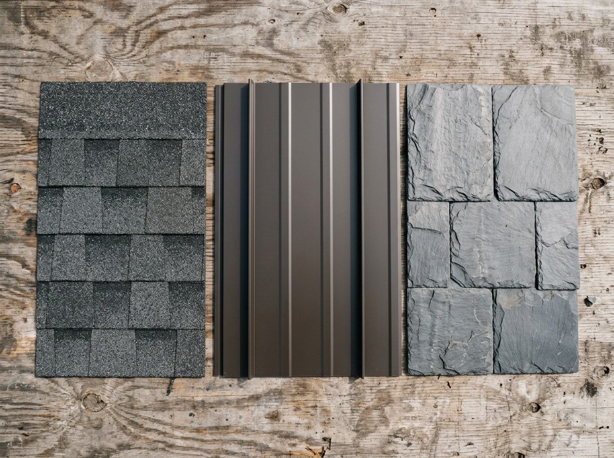 Asphalt shingle, standing seam metal, and slate roofing samples laid side by side