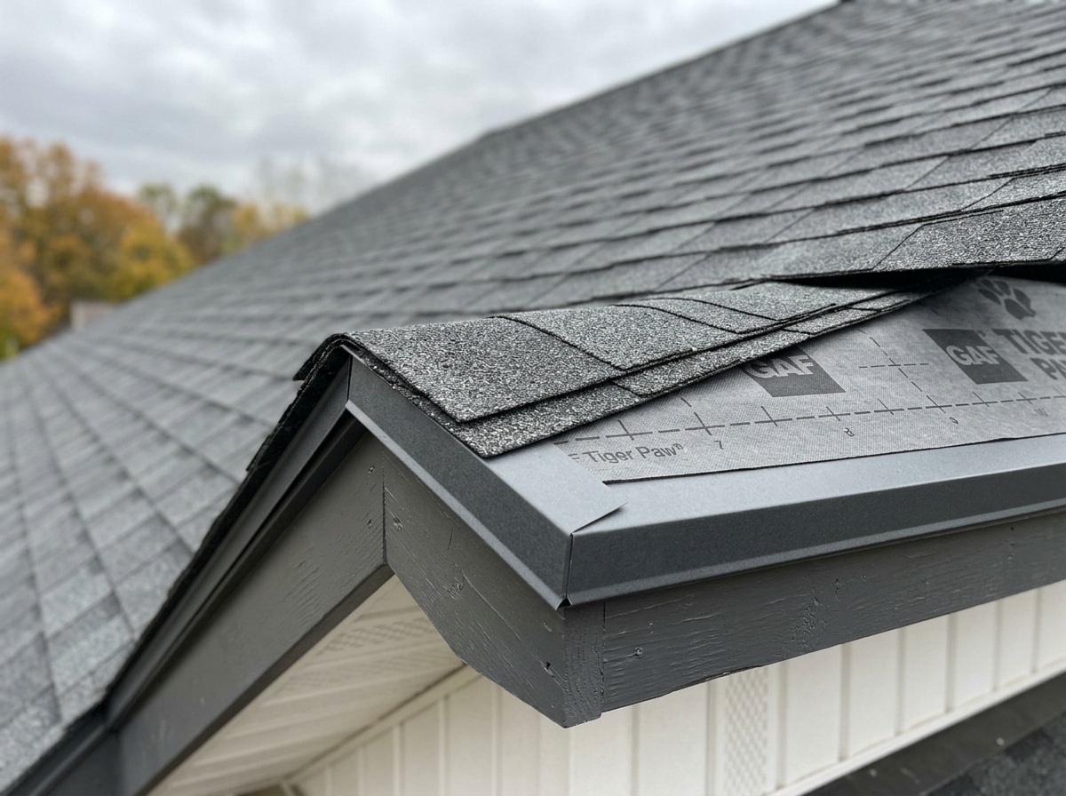 Close-up of a finished roof edge showing drip edge, starter course, and synthetic underlayment