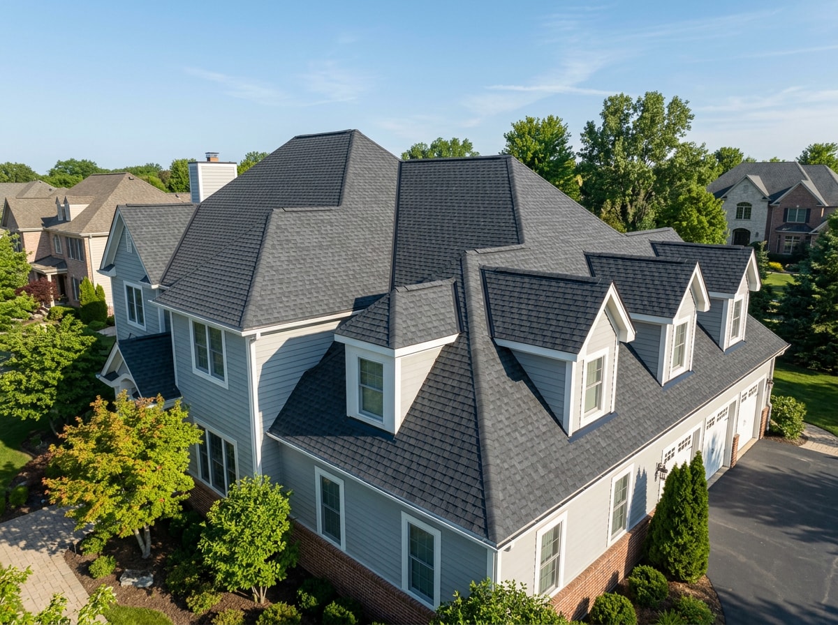 Complex hip roof with multiple dormers and valleys in new architectural shingles