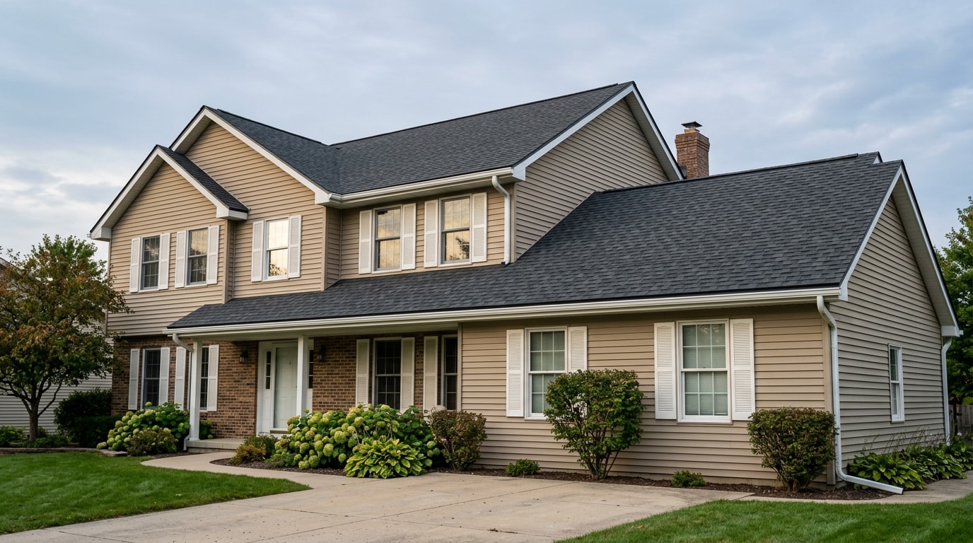 Newly installed architectural asphalt shingle roof on a two-story home