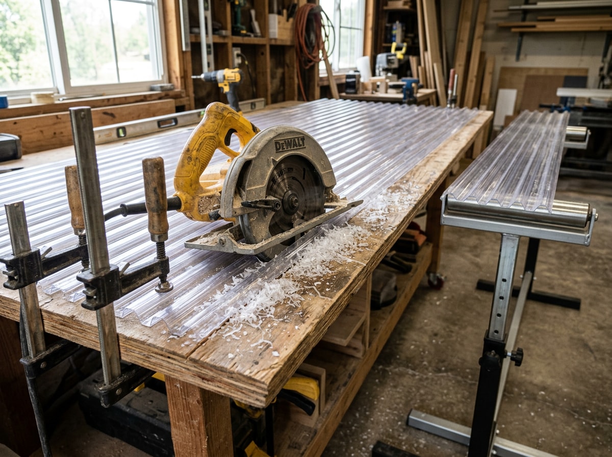 Circular saw mid-cut on a clamped corrugated polycarbonate roofing panel with the off-cut supported on a bench