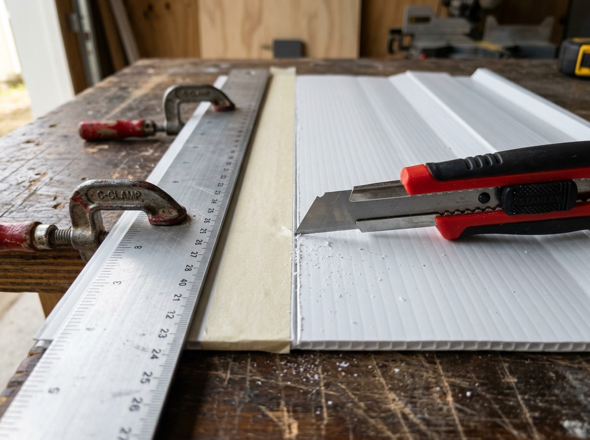 Scoring a thin corrugated PVC roofing sheet along a taped line with a utility knife and clamped straight edge