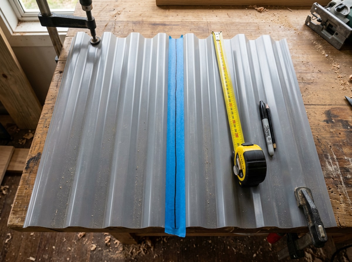 Marked and taped cut line running down the trough of a corrugated plastic roofing sheet clamped to a workbench