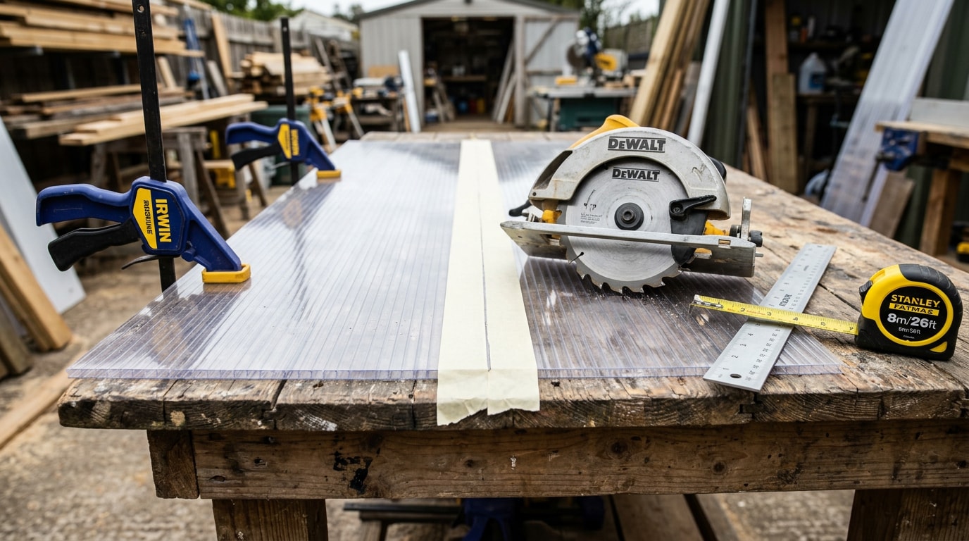 Corrugated plastic roofing panel clamped to a workbench with a circular saw and straight edge ready for cutting