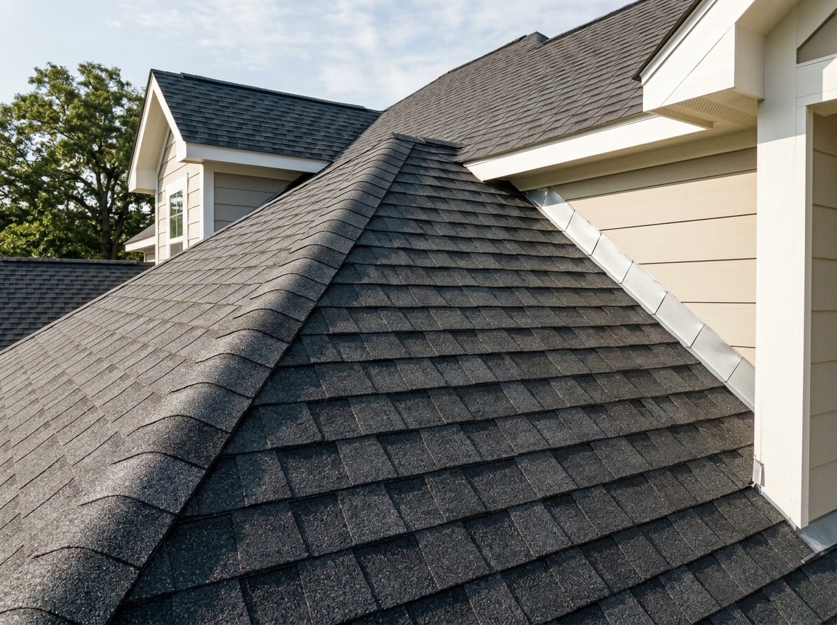 Freshly installed architectural shingle roof with clean ridge cap and straight course lines