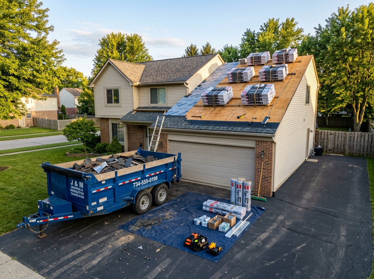 Roofing material staged on a clean job site with a dump trailer positioned beside the driveway