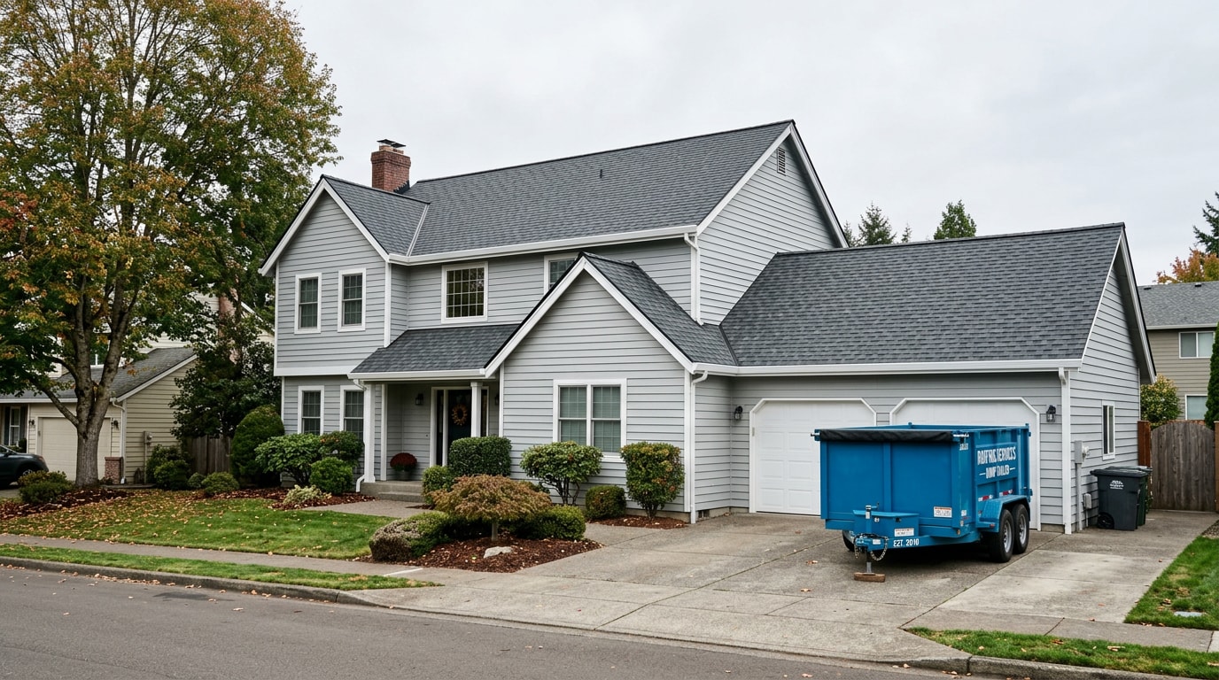 Completed asphalt shingle roof on a suburban home with a dump trailer staged in the driveway