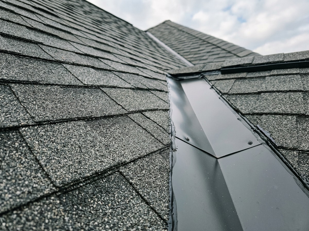 Finished architectural asphalt shingle roof on a residential home with clean ridge cap and flashing