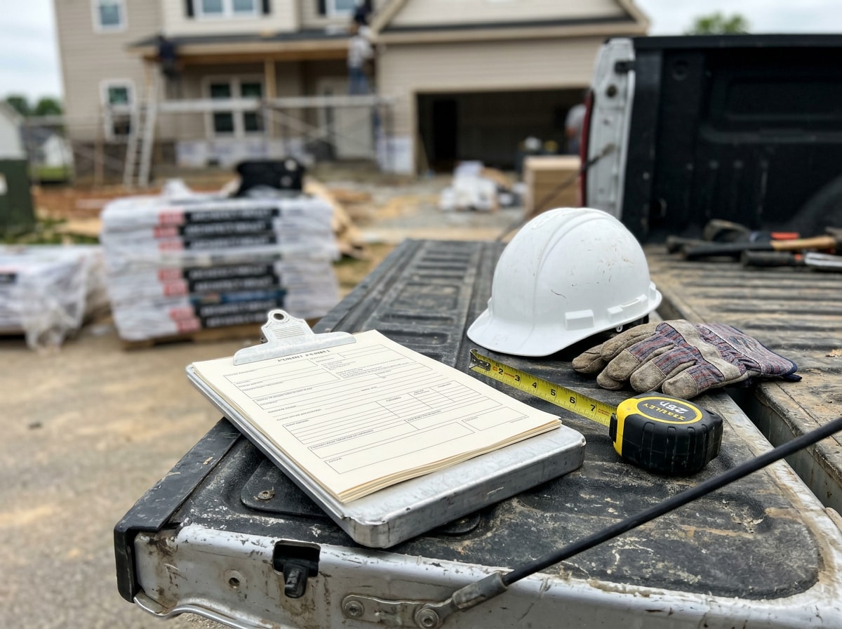 Roofing permit paperwork, tape measure and hard hat arranged on a truck tailgate at a job site