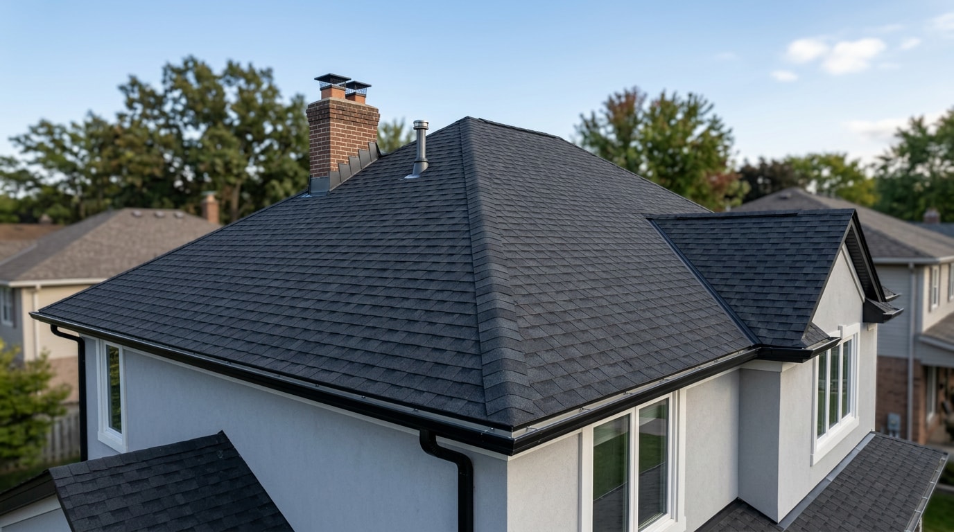 Newly completed asphalt shingle roof on a two-story suburban home
