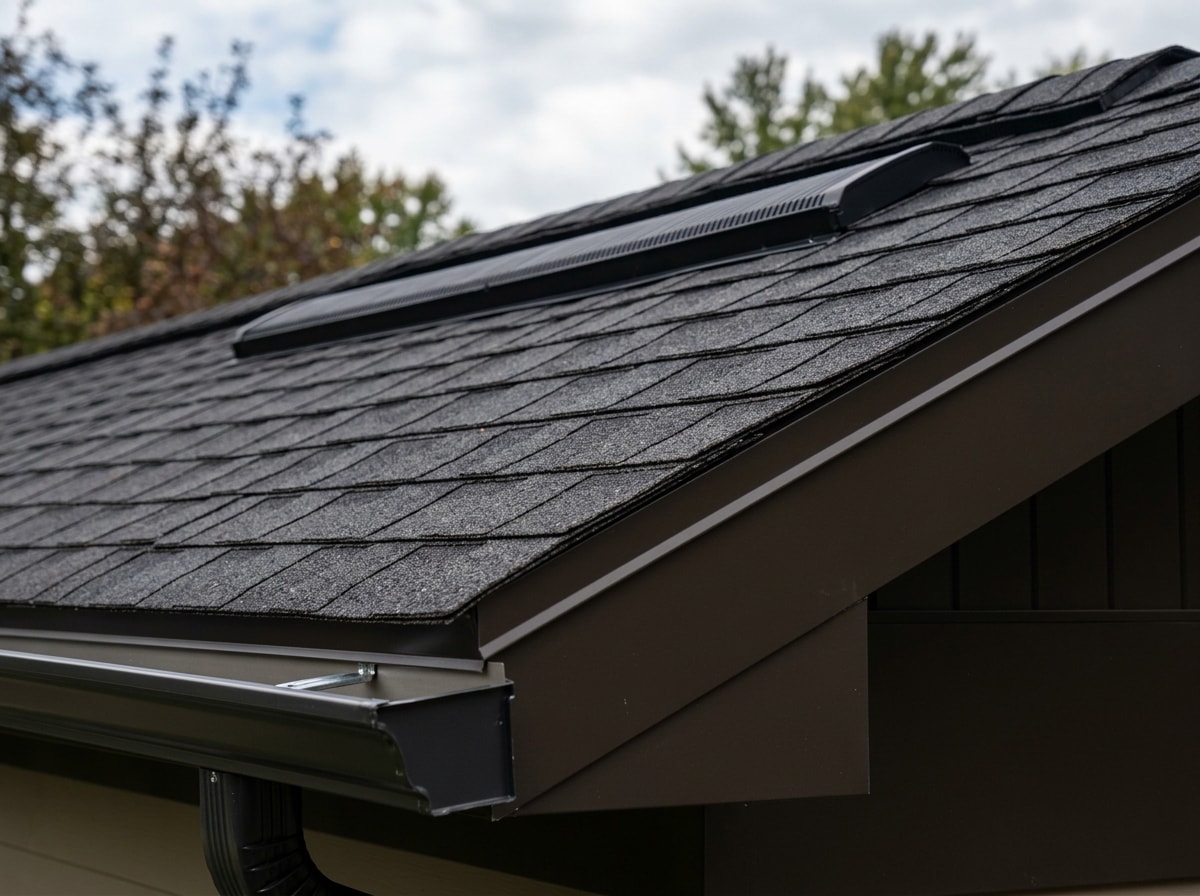 Finished architectural shingle roof on a suburban home with new ridge vent and clean gutter line